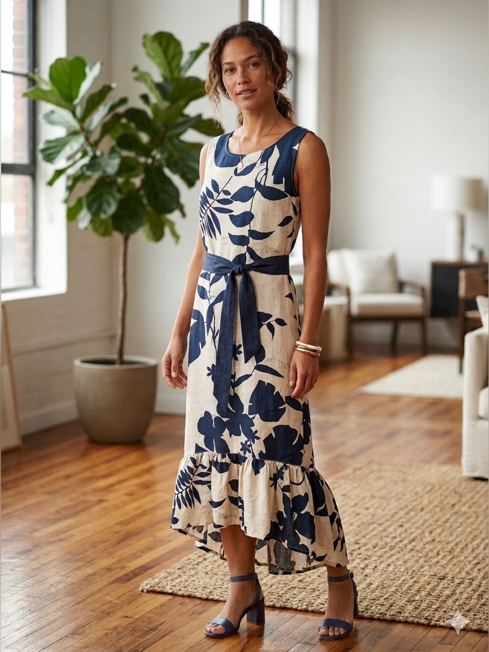 bryn Walker Navy and Cream Floral Maxi Dress